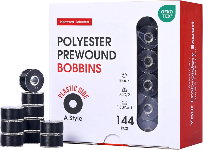 Poolin Richword Selected Prewound Bobbins 144pcs (Class 15) Size A Plastic Sided, 75D/2(60WT) Polyester Bobbin Thread for Single Needle Embroidery and Sewing Machine,Black 125 Yards - Image 1